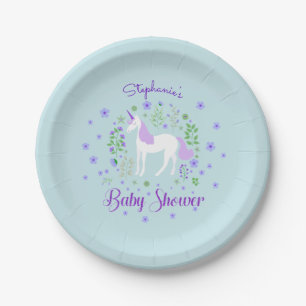  Eenhoorn PurpleAqua Baby shower gepersonaliseerd Papieren Bordje