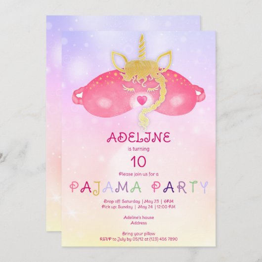 Eenhoorn pyjama meisje sleepover tween verjaardags kaart (Voorkant / Achterkant)