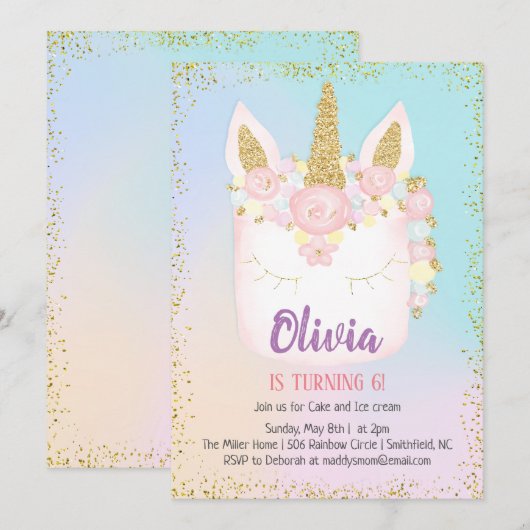 Eenhoorn Rainbow Cake Verjaardag Uitnodiging (Voorkant / Achterkant)