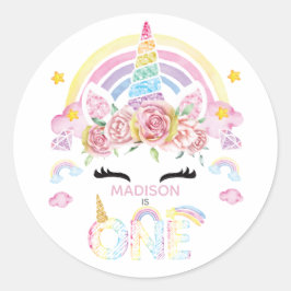 Eenhoorn Rainbow gepersonaliseerd eerste verjaarda Ronde Sticker