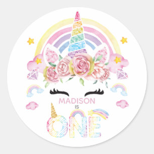 Eenhoorn Rainbow gepersonaliseerd eerste verjaarda Ronde Sticker