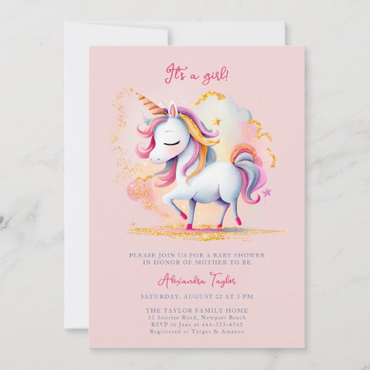 Eenhoorn Rainbow Gold Glitter Cloud Meisje Baby Sh Kaart (Voorkant)