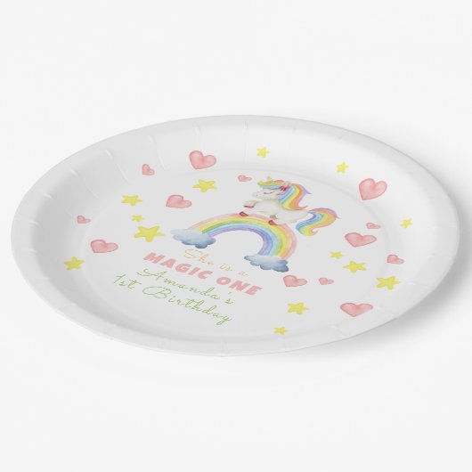 Eenhoorn Rainbow Magic One Eerste Verjaardag Papieren Bordje (Gekanteld)
