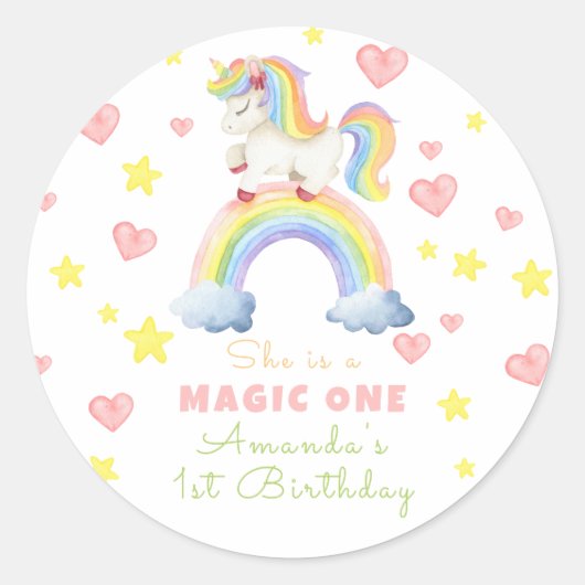 Eenhoorn Rainbow Magic One Eerste Verjaardag Ronde Sticker (Voorkant)