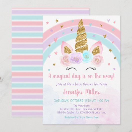 Eenhoorn Rainbow Pastel Baby shower Kaart (Voorkant / Achterkant)