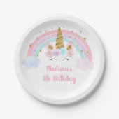Eenhoorn Rainbow Pink Gold Pastel Verjaardag Papieren Bordje (Voorkant)