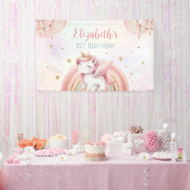 Eenhoorn Rainbow Pink Gold Pastel Verjaardag Spandoek