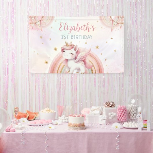 Eenhoorn Rainbow Pink Gold Pastel Verjaardag Spandoek (Feest)