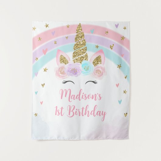 Eenhoorn Rainbow Pink Gold Verjaardag Achtergrond Wandkleed (Voorkant)