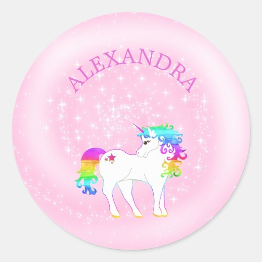 Eenhoorn Rainbow Pink Schattige Meisjes Named Ronde Sticker (Voorkant)