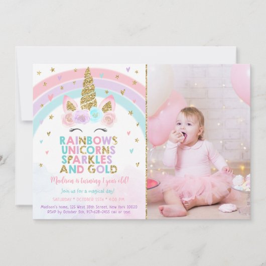 Eenhoorn Rainbow Sparkles Gold Kaart (Voorkant)