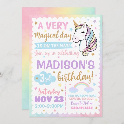 Eenhoorn Rainbow Stars Leuke Verjaardag uitnodigin Kaart (Voorkant / Achterkant)