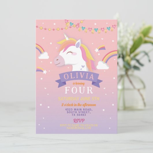 Eenhoorn Rainbows Verjaardagsfeest Roze Sterren Kaart (Staand voorkant)
