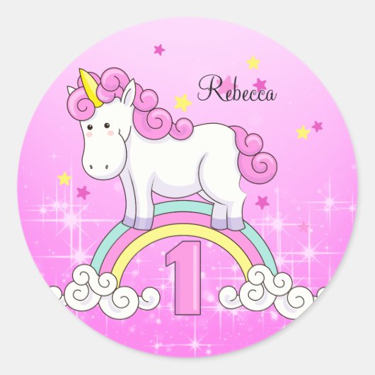 Eenhoorn Regenboog 1e Verjaardagsfeestje Custom Ronde Sticker (Voorkant)