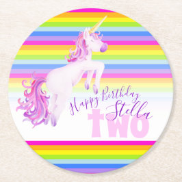 Eenhoorn regenboog 2e verjaardagsfeestje onderzett ronde kartonnen onderzetter