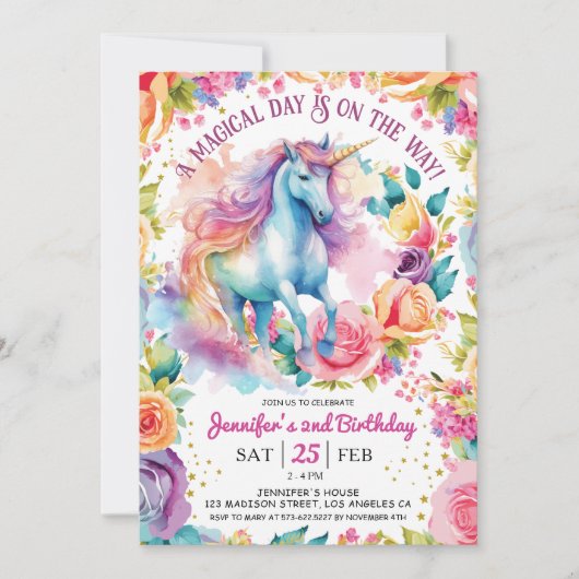 Eenhoorn Regenboog Bloem | 2e verjaardag Kaart (Voorkant)