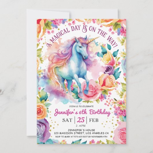 Eenhoorn Regenboog Bloem | 6e verjaardag Kaart (Voorkant)