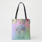 Eenhoorn Regenboog Bloemen Gouden Canvas tas Geper (Voorkant)