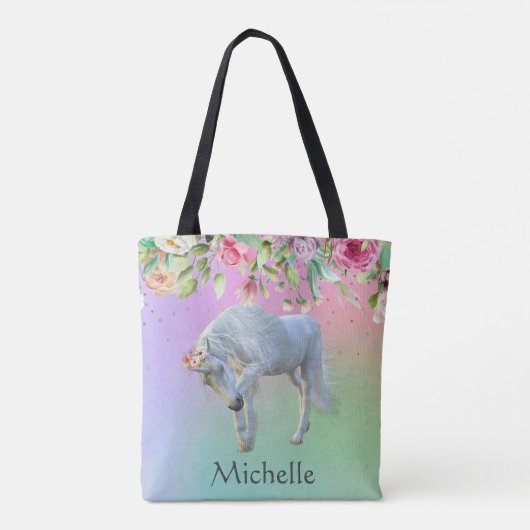 Eenhoorn Regenboog Bloemen Gouden Canvas tas Geper (Achterkant)