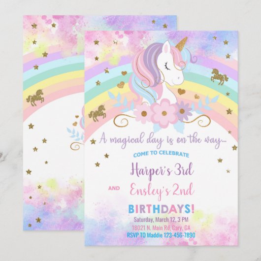 Eenhoorn & regenboog broers en zussen verjaardagsu kaart (Voorkant / Achterkant)