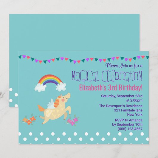 Eenhoorn Regenboog en Wolken Verjaardag Uitnodigen Kaart (Voorkant / Achterkant)