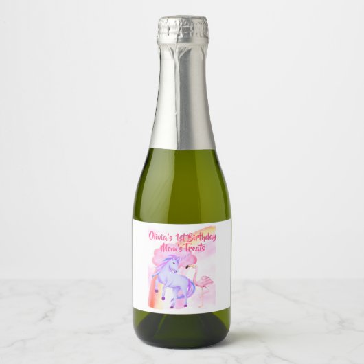 Eenhoorn Regenboog Flamingo Meisjes Verjaardagsfee Sparkling Wijnetiket (Voorkant)