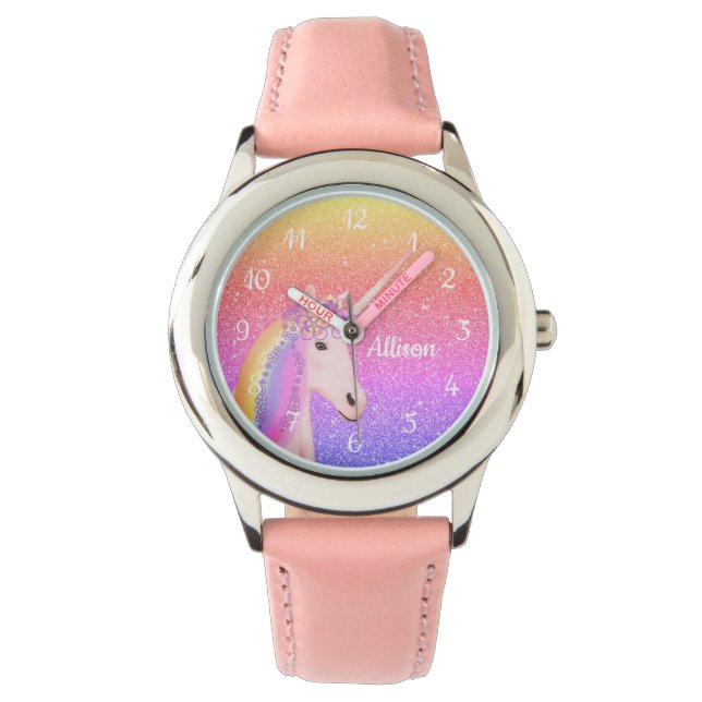 Eenhoorn Regenboog Glitter Blush Roze Gepersonalis Horloge (Voorkant)