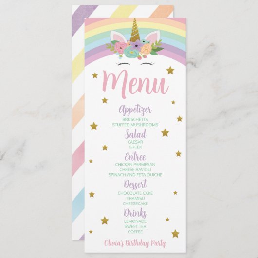 Eenhoorn Regenboog Glitter Sterren Verjaardagsfees Menu (Voorkant / Achterkant)