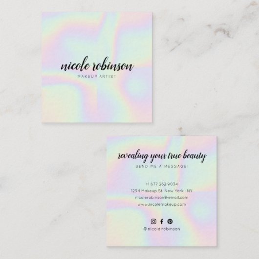 Eenhoorn regenboog holografische moderne make-up a vierkante visitekaartje (Voorkant / Achterkant)