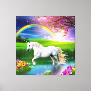 Eenhoorn Regenboog Landschap Bloemen Een Canvas Afdruk