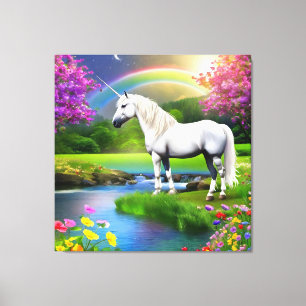 Eenhoorn Regenboog Landschap Bloemen Vier Canvas Afdruk