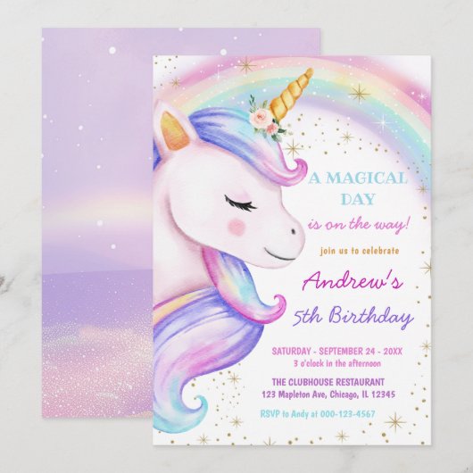 Eenhoorn Regenboog Magische Verjaardag Party Meisj Kaart (Voorkant / Achterkant)