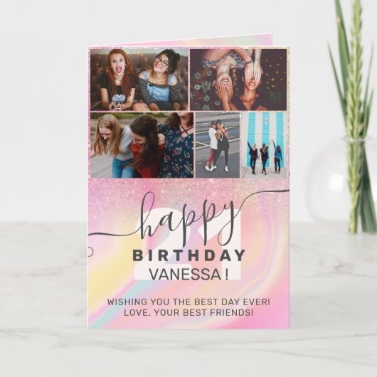 Eenhoorn regenboog marmer glitter verjaardag foto  kaart (Voorkant)