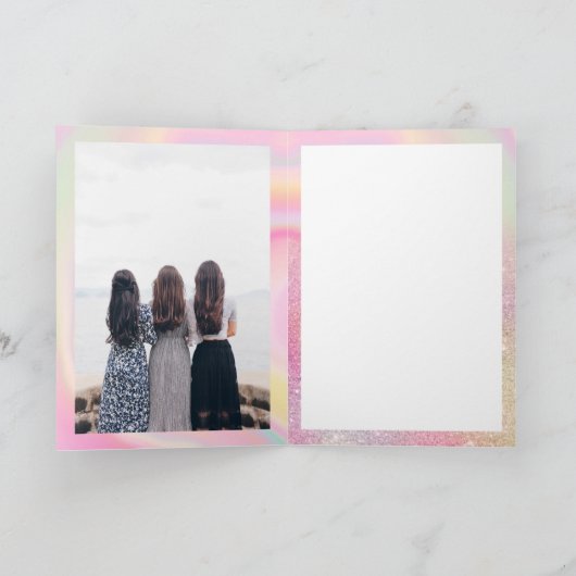 Eenhoorn regenboog marmer glitter verjaardag foto  kaart (Binnen)