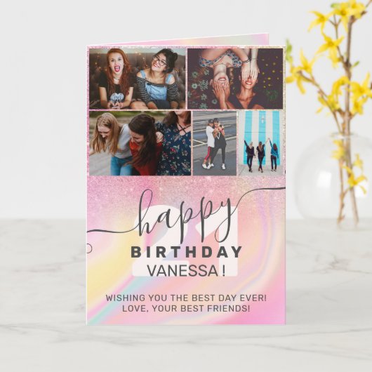 Eenhoorn regenboog marmer glitter verjaardag foto  kaart (Gele Bloem)