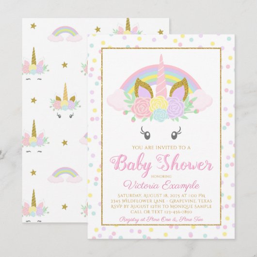 Eenhoorn Regenboog Meisje Baby Douche Uitnodiginge Kaart (Voorkant / Achterkant)