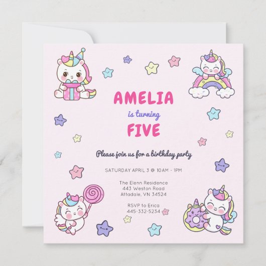 Eenhoorn Regenboog Meisjes Verjaardag Party Uitnod Kaart (Voorkant)