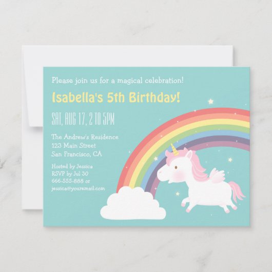 Eenhoorn Regenboog Meisjes Verjaardagsfeestuitnodi Kaart (Voorkant)