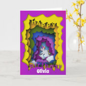 Eenhoorn regenboog papier gesneden kaart (Gele Bloem)