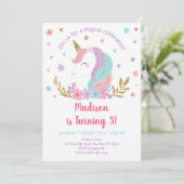 Eenhoorn Regenboog Roze Goud Bloemen Krans Verjaar Kaart (Staand voorkant)