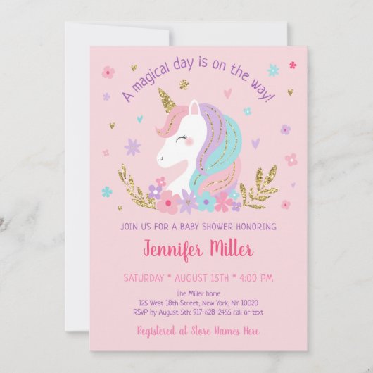 Eenhoorn Regenboog Roze Goud Bloemige Baby Shower Kaart (Voorkant)