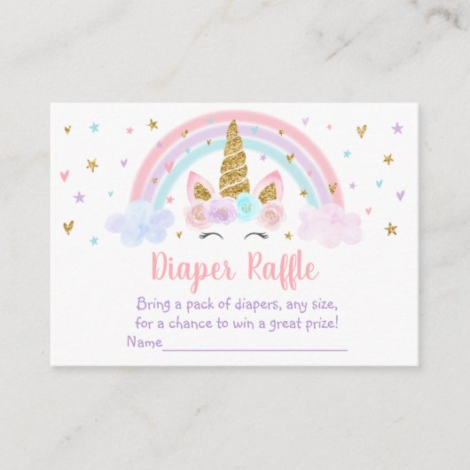 Eenhoorn Regenboog Roze Gouden Baby Luier Raffle Informatiekaartje (Voorkant)