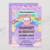 Eenhoorn Regenboog Uitnodiging 1e Verjaardagsfeest (Voorkant / Achterkant)