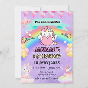 Eenhoorn Regenboog Uitnodiging 1e Verjaardagsfeest