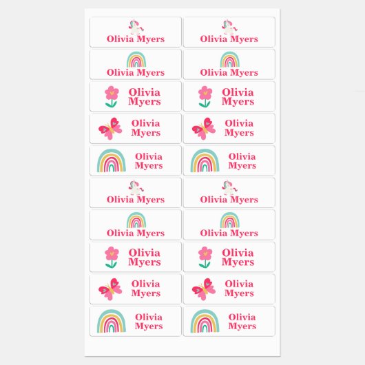 Eenhoorn, Regenboog, Vlinder en Bloem personaliser Labels (Vel)