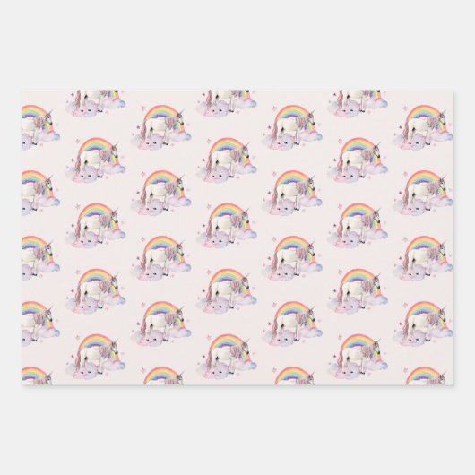 Eenhoorn Regenboog Wolken Roze Sprookje Party Girl Inpakpapier Vel (Voorkant)