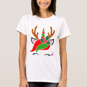 Eenhoorn Rendier Gezicht Schattigee Kerst Grappig T-shirt