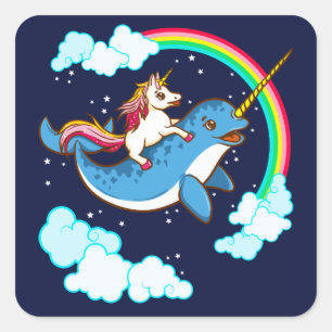 Eenhoorn Riding Narwhal Compact Vierkante Sticker