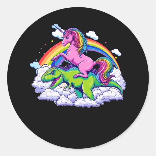 Eenhoorn Riding T Rex Dinosaurus Rainbow Graphic N Ronde Sticker (Voorkant)