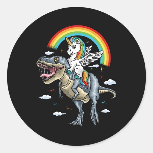 Eenhoorn Riding Trex Dinosaurus Momicorn Regenboog Ronde Sticker (Voorkant)